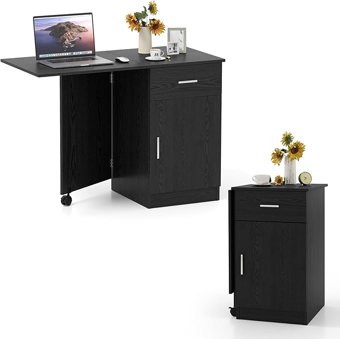 Giantex Folding Computer Desk with Drawer Home Office Desk w/Cabinet &amp Adjustable Shelf Compact Foldable Side Table Study Writing Desk for Small Spaces Dorm Apartment (Black)