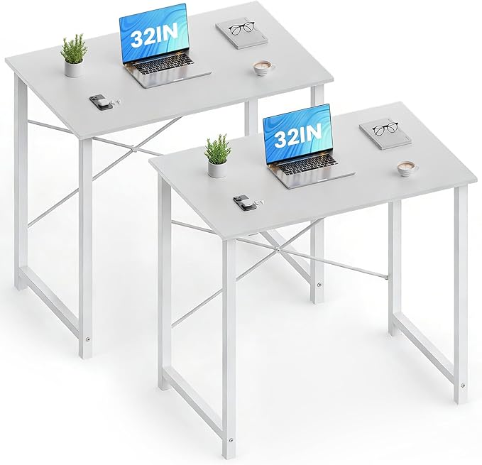 OLIXIS 32 Inch Home Office Desk Small Computer Work Table with X-Shaped Reinforcement Home Simple Modern Writing Study Table 2 Pack White