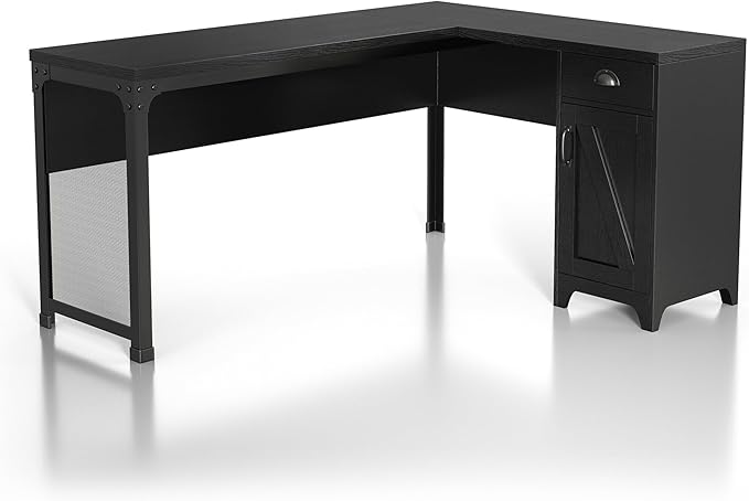24/7 Shop at Home Holbrook Traditional 1 Drawer Wood L-Shaped Computer Desk with 2 Adjustable Shelves 1 Cabinet Door for Workstation Home Office Study Room Black