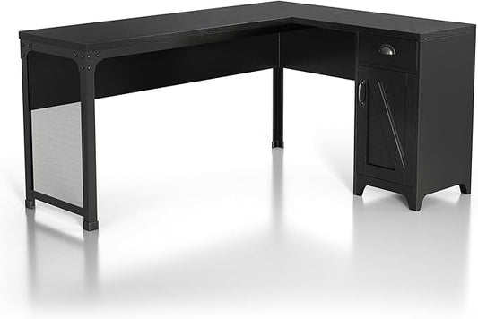 24/7 Shop at Home Holbrook Traditional 1 Drawer Wood L-Shaped Computer Desk with 2 Adjustable Shelves 1 Cabinet Door for Workstation Home Office Study Room Black