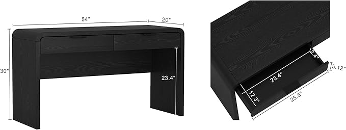 Manhattan Comfort Grace 54 Modern Office Desk with 2 Drawers Wood Table with Metal Recessed Handles for Work from Home Study Craft Stylish Executive Desk Black