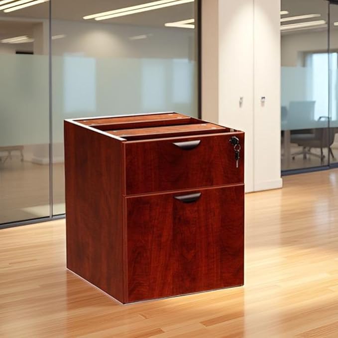 Hanging Pedestal Mahogany Finish Three Quarter Box File Storage Cabinet Mobile Mount Under Desk Organizer Vertical Filing Unit Durable Wood Composite Construction Lockable Drawer Smooth Glide