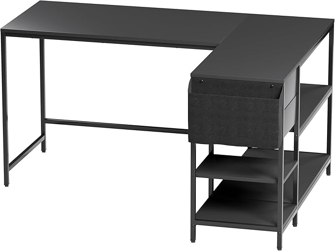 Techni Mobili Modern L-Shaped Desk with Storage Corner Computer Desk for Home &amp Office with 2 Drawers Open Storage Shelves Fabric Organizer &amp Sturdy Metal Frame Black