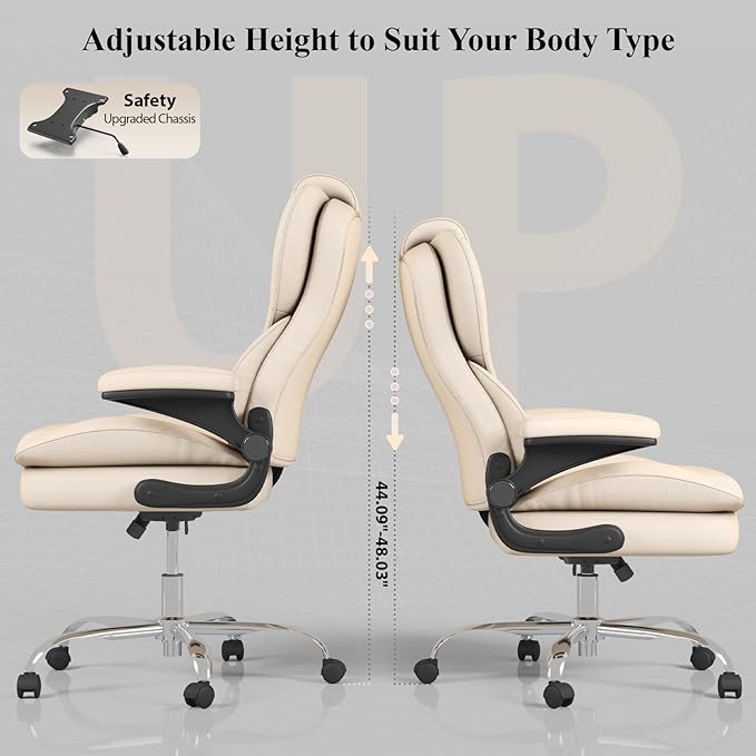 Office Desk Chair Executive Leather Office Chair High Back Ergonomic Home Desk Chair with Padded Flip-up Arms Big and Tall Computer Chair with Rocking Function 360°Swivel Free Beige