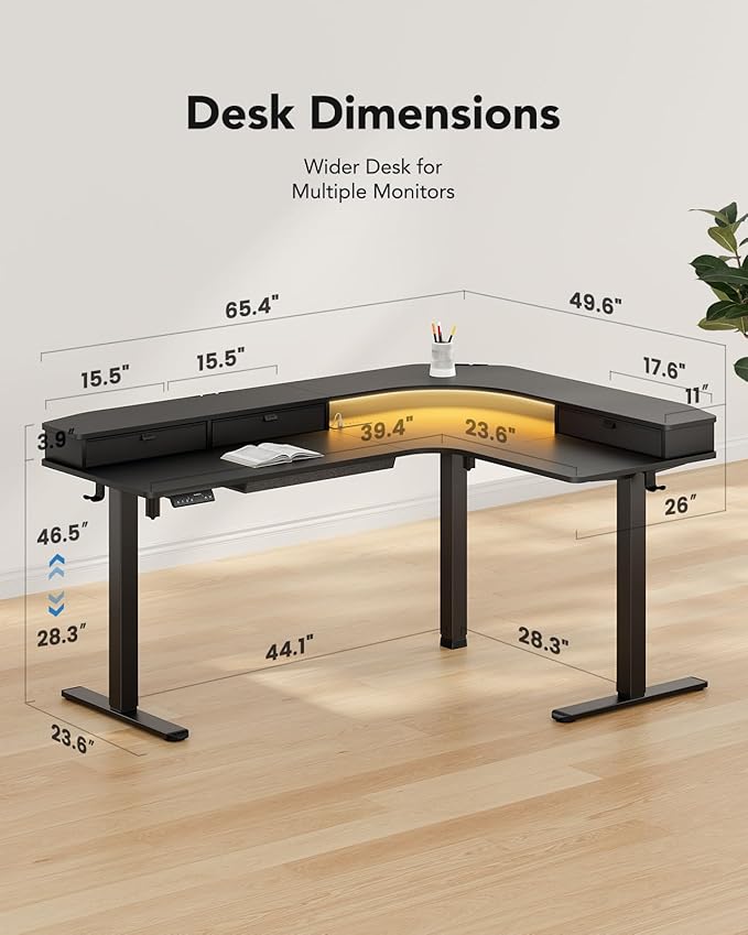 HUANUO 65″ L-Shaped Standing Desk with Power Outlets &amp LED Strip Electric Height Adjustable Corner Computer Desk Sit Stand Up Desk with 3 Drawers Black