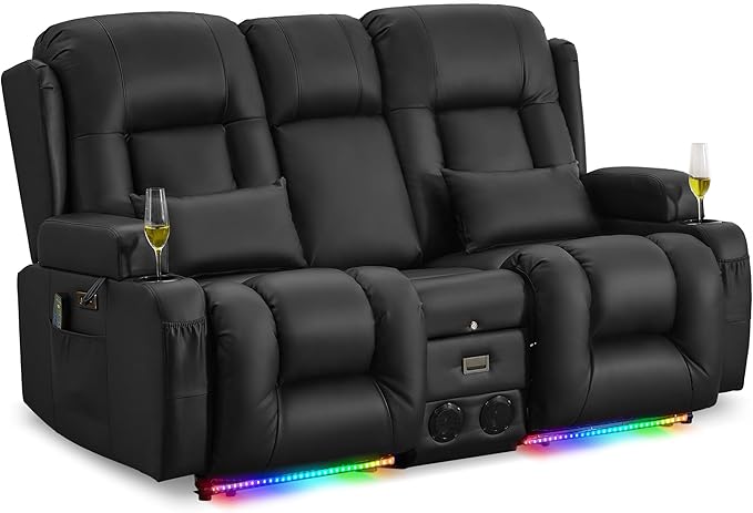 URRED Power Reclining Loveseat Sofa with Console RV Couch Loveseat Recliner Sofa with Massage &amp Heat LED Light Cupholders Bluetooth Speakers USB Charge Ports Outlets Faux Leather Black