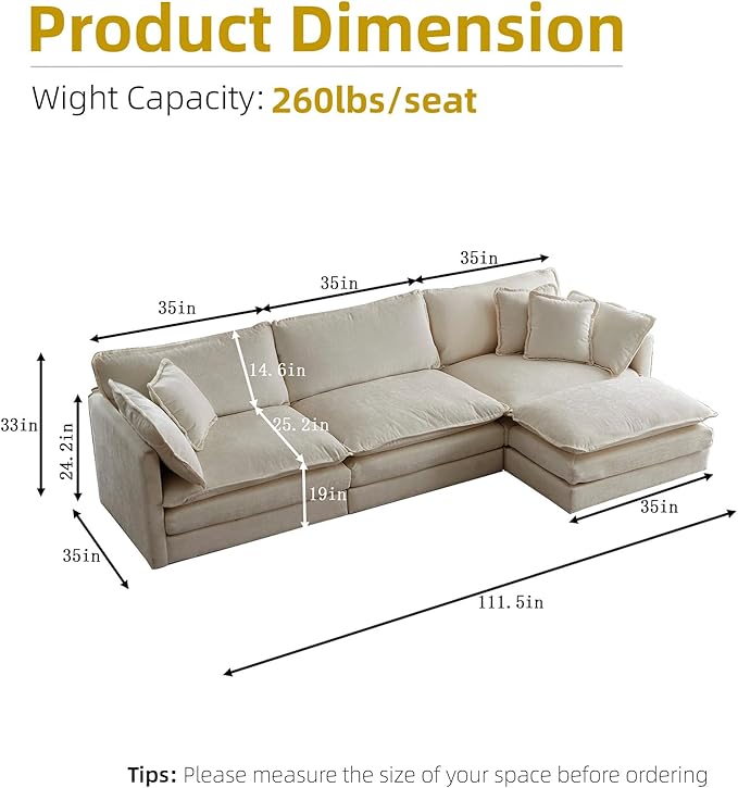 111.5 Modular Sectional Sofa U Shaped Deep Seat Cloud Couch with OttomanConvertible 3-Seater Comfy Chenille Upholstered Sofa Set for Living Room Apartment Studio – Light Coffee