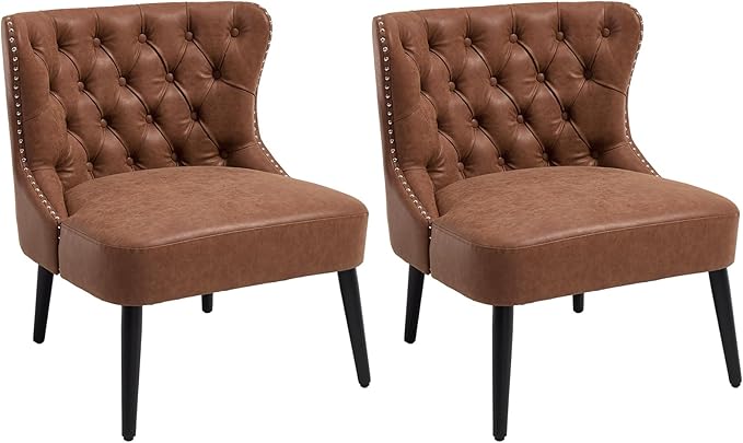 Kmax Accent Chairs Set of 2 Leather Slipper Chairs with Button Tufted Wingback Armless Living Room Chairs with Nails Modern Side Chairs for Bedroom Reception Small Space - Pu Brown Black Legs