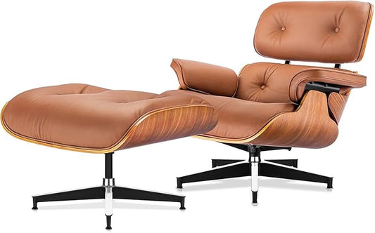 Mid Century Chaise Lounge Chair and Ottoman Reading Chair Leather Accent Chair Modern Chair Classic Design Heavy Duty Base Support for Living Room (Walnut-Brown Upgraded)