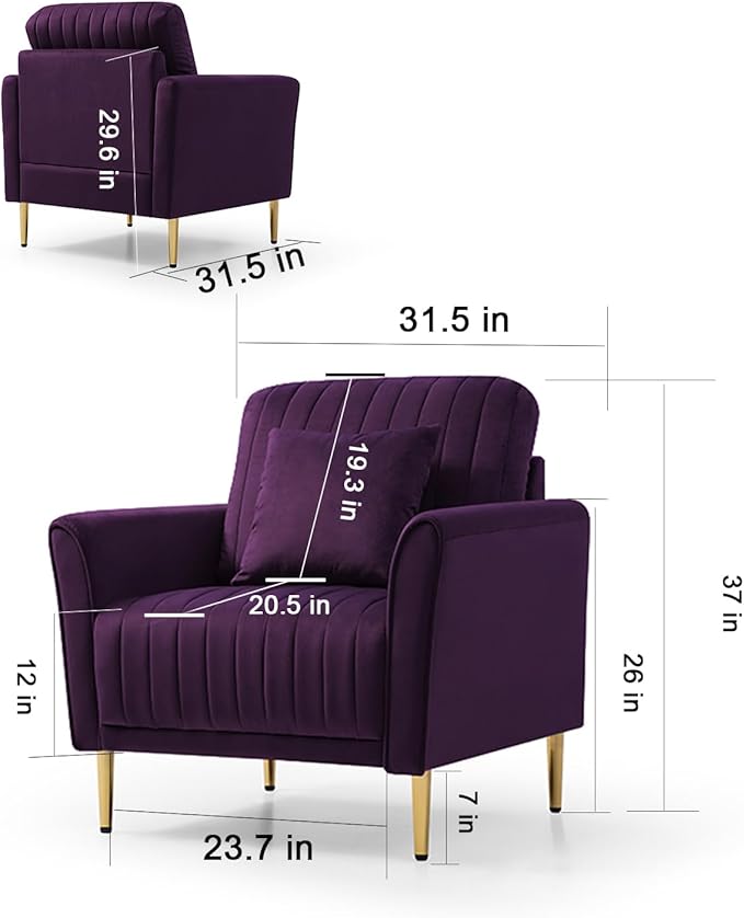 Modern Soft Purple Velvet Living Room Chair Upholstered Accent Armchair Side Chair with Gold Legs
