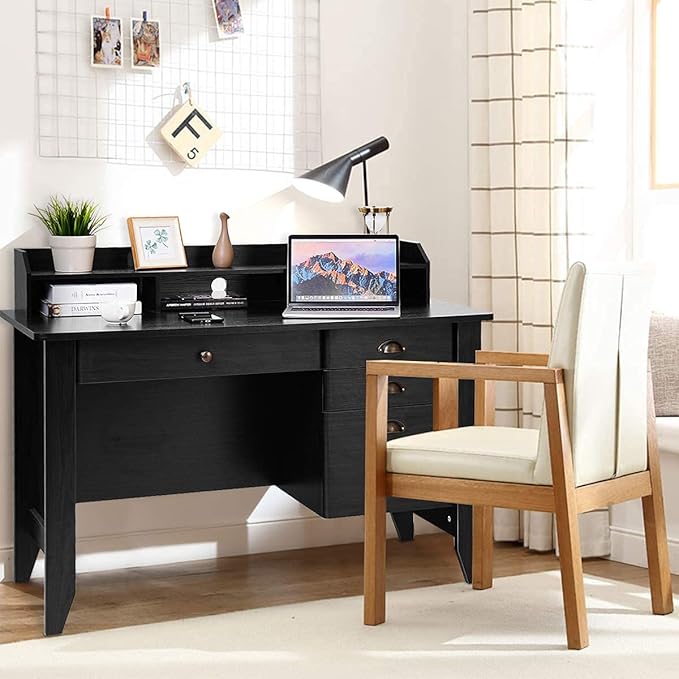 GRAFFY Wooden Computer Desk 4 Storage Drawers &amp Bookshelf Executive Study Desk Table Writing Study Desk Home Office Vintage Desk (Black)
