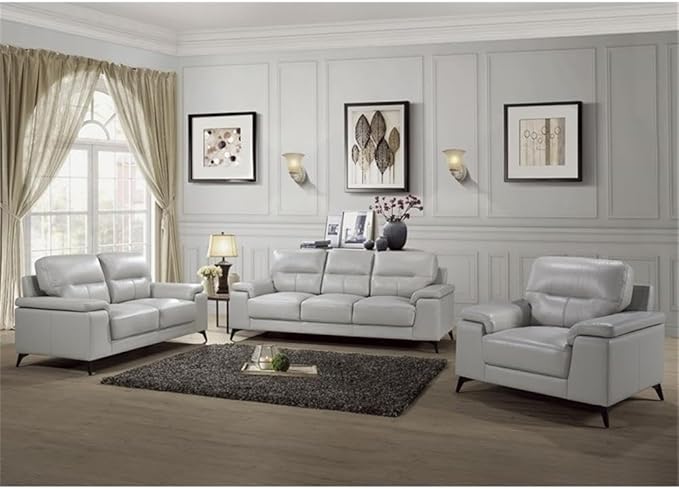 Pemberly Row Leather Match Accent Chair Silver Gray Finish Top Grain Leather and Faux Leather Pillow-Top Arms Black Metal Legs 35 in H x 43.75 in W x 36 in D Modern Living Room Seating