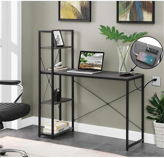 Pemberly Row Office Workstation Desk with Charging Station and Shelves Gray Wood Finish 44 in x 17.5 in x 46.75 in Black Metal Frame Home Office Desk with USB Ports and Storage Shelves