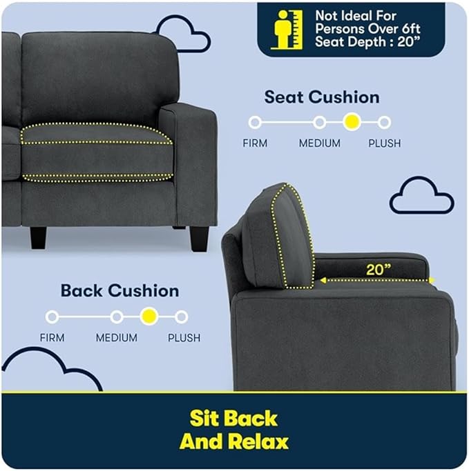 Pemberly Row 61 Track Arm Sofa Loveseat Charcoal Upholstered Polyester Fabric Removable Cushions and Covers Compact 2-Seater for Living Room or Home Office Modern Minimalist Design 450 lb