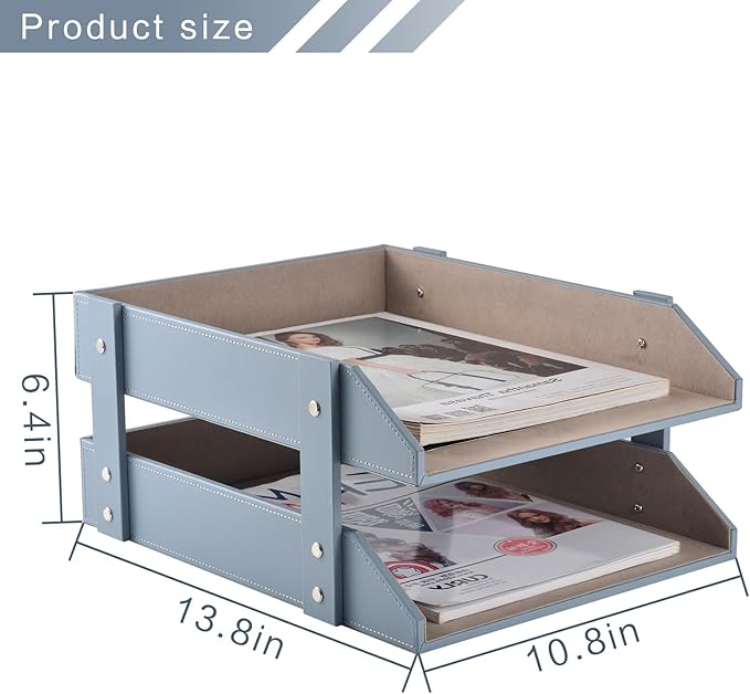 Leather Desk Letter TrayOffice Supplies Paper Organizer for Mail Paper Files Magazines Jewelry CosmeticsFashion Letter Holder&amp 2-Tier Multipurpos Stackable Office Desktop Storage BoxGrey