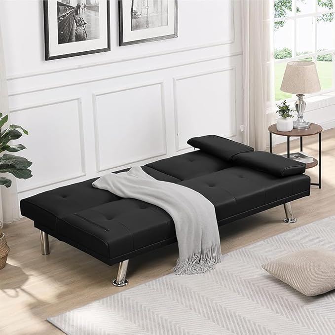 Modern Futon Sofa Bed 67 Inch Leather Convertible Futon Couch Loveseat Sleeper for Small SpacesComfy Folding Recliner Couches for Living Room Adjustable Backrest2 Cup HoldersMetal Legs (BLACK)