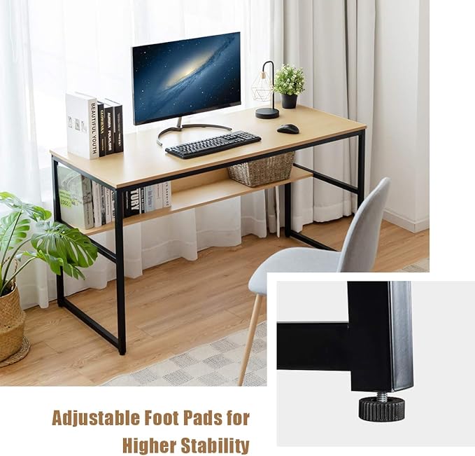 DORTALA 55 Industrial Computer Desk Contemporary Writing Table w/Storage Shelf Large Tabletop Sturdy Metal Structure Adjustable Foot Pads