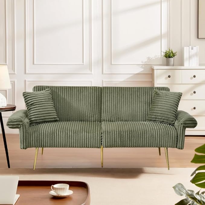 73 Convertible Futon Sofa BedComfy Teddy Fabric Sleeper Couch with 3 Reclining BackrestsGolden Chrome LegsModern Cloud Sofa Loveseat for Small Living Room Office (Green-Corduroy)