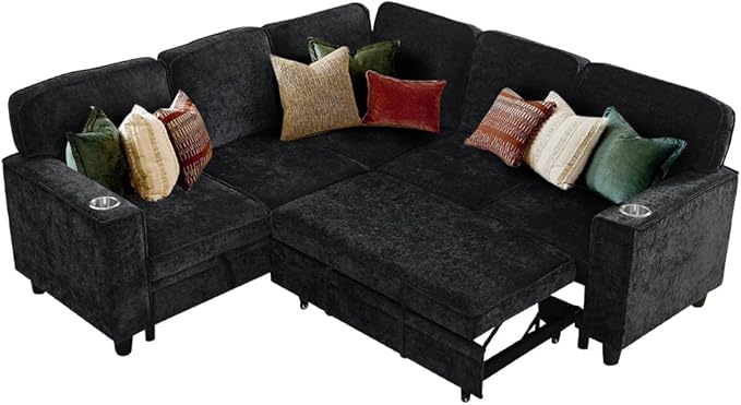 81 L Shaped Sleeper Sofa Couch with Pull Out Sofa Bed Oversized Convertible Sleeper Bed with Storage USB Ports &amp Cup Holder Sectional Couches for Living Room (Charcoal Grey)