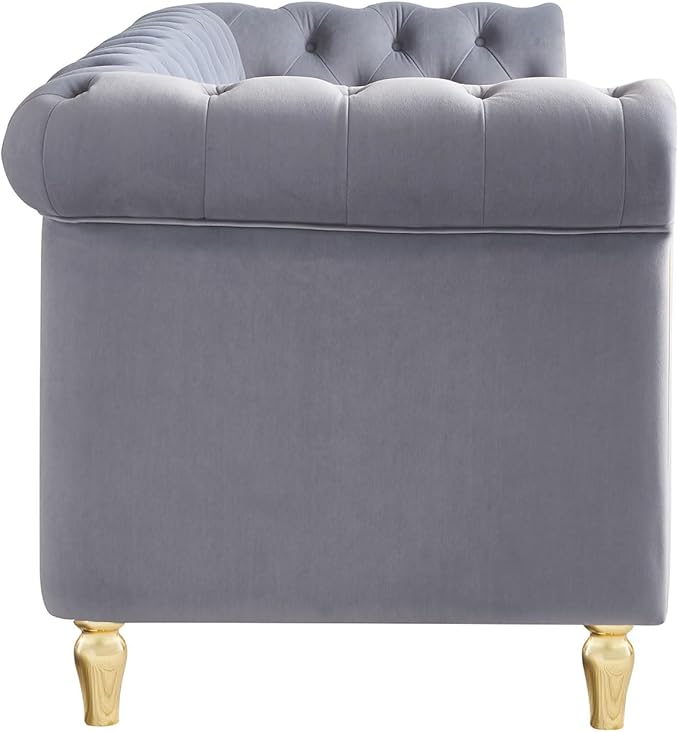Homtique Modern Sofa Couch 3 Seater Couch Comfy Velvet Sofa with Button Tufted Rolled Arms and Gold Legs for Living Room Home Studio/Office Bedroom Grey