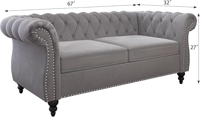 Chesterfield Loveseat Sofa Modern Velvet Small Sofa Couch 2 Seater with Rolled Arms and Nailhead Mid Century Modern Loveseat Couch for Small Spaces Living Room Bedroom Apartment Grey