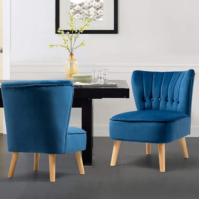 Giantex Set of 2 Modern Velvet Accent Chair Small Upholstered Leisure Sofa Chair w/Wood Legs Thickly Padded and Button Tufted Armless Wingback Club Chairs for Living Room Bedroom Furniture Blue