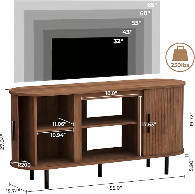 BREEZEHEAT 55'' Mid Century Modern Fluted TV Stand-Curved TV Cabinet with Storage Sliding Doors &amp Adjustable Shelves-Entertainment Center for TVs Up to 65 Inches Walnut Media Console for Living