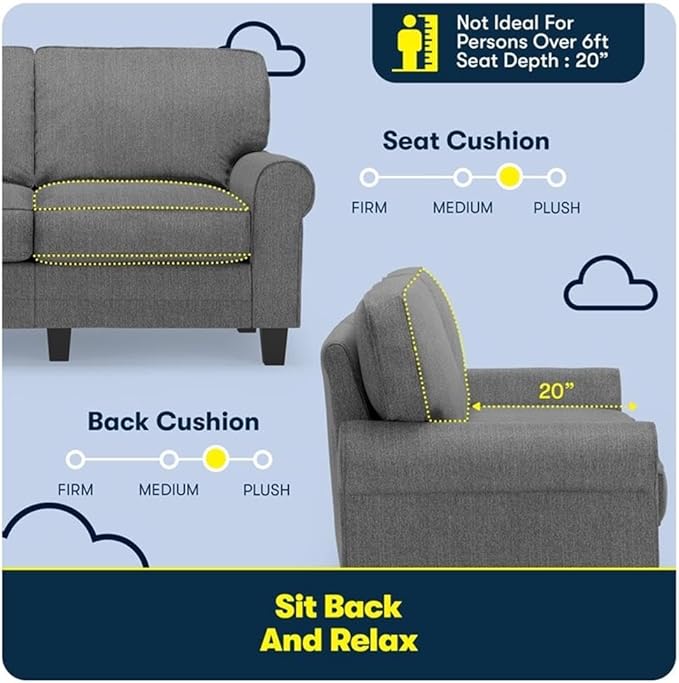 BOWERY HILL 61 Rolled Arm Loveseat Sofa Removable Covers Dark Gray Upholstery Compact Space-Saving Design Solid Wood Frame High-Density Foam Cushions Low-Profile Seating for Small Living Room