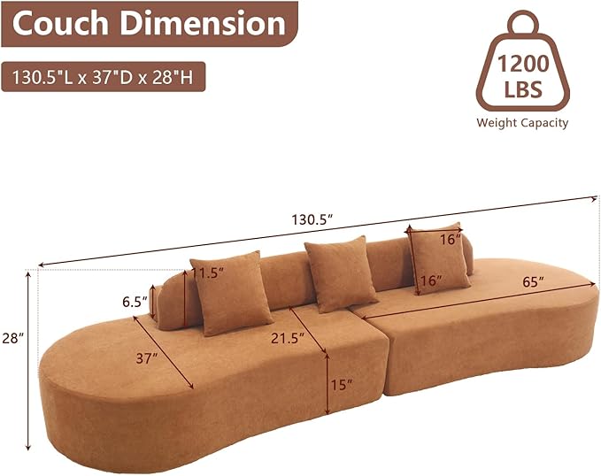 130.5 Curved Sectional Sofa for Living Room Modern Boneless Cloud Couch 4-Seater Brown Sectional Couch with 3 Pillows for Apartment Bedroom Office