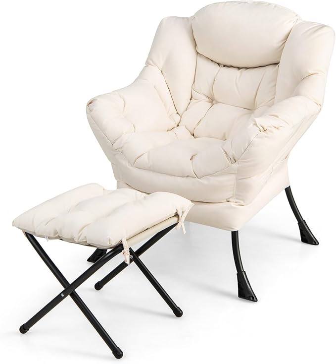 RELAX4LIFE Lazy Chair with Foldable Ottoman - Modern Lounge Accent Chair w/Armrests &amp Side Pocket Upholstered Leisure Sofa Armchair with Footrest for Reading Living Room Bedroom Dorm (Beige)