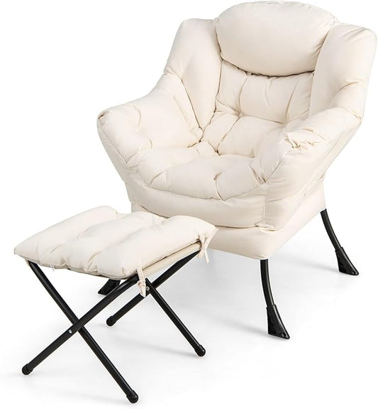 RELAX4LIFE Lazy Chair with Foldable Ottoman - Modern Lounge Accent Chair w/Armrests &amp Side Pocket Upholstered Leisure Sofa Armchair with Footrest for Reading Living Room Bedroom Dorm (Beige)