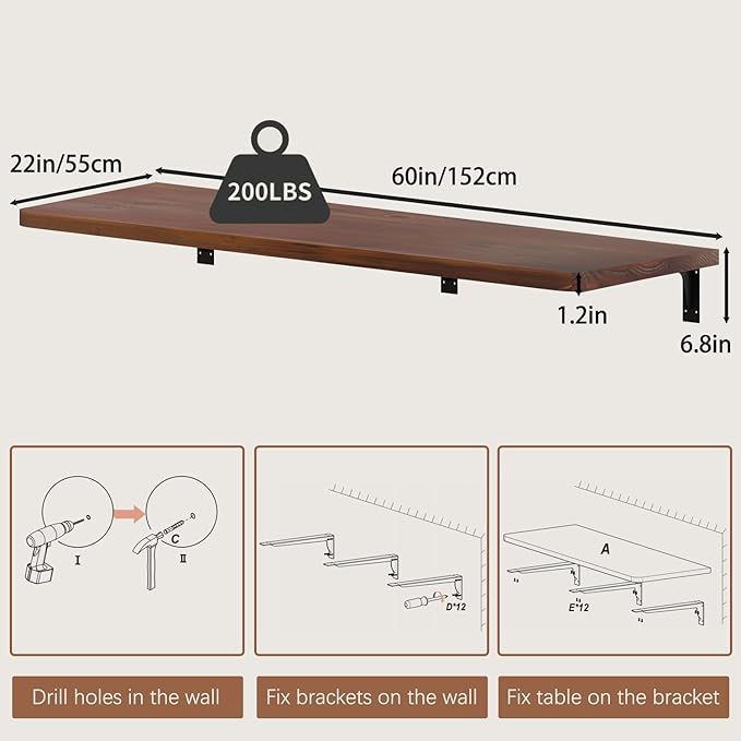 Floating Wall Mounted Table Desk with Pine Wood72 x 22 Workbench for GarageHome Office Desks with Heavy Duty BracketsWork Table for KitchenDiningLaundry (60 * 22 * 6.8 Inch)