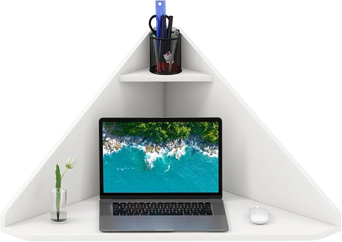 Giantex Corner Floating Desk Wall Mounted Computer Desk with Storage Shelf Space-Saving Writing Desk Triangle Laptop Desk for Living Room Study Bedroom Home Office &amp Small Spaces (White)