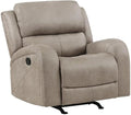 Pemberly Row Rocker Reclining Chair 40H x 38W x 38D Polished Microfiber Upholstery Brown Finish Padded Seat and Back Tab Pull Recliner Gentle Rocking Motion Transitional Living Room Seating