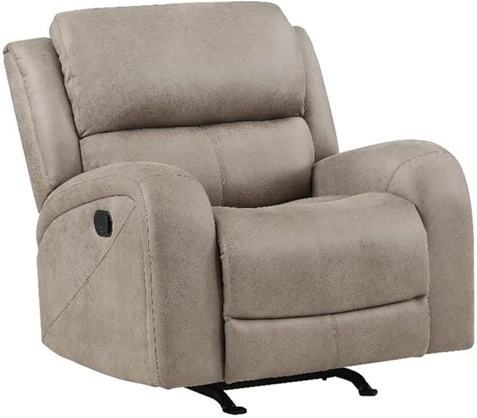 Pemberly Row Rocker Reclining Chair 40H x 38W x 38D Polished Microfiber Upholstery Brown Finish Padded Seat and Back Tab Pull Recliner Gentle Rocking Motion Transitional Living Room Seating