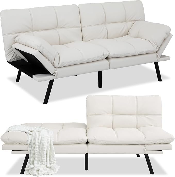 Opoiar Futon Sofa Bed Modern Memory Foam Sleeper Sofa Convertible Couch Adjustable Armrest&ampBackrest Black Leather Futon for Living SpaceApartmentOffice Sofabed