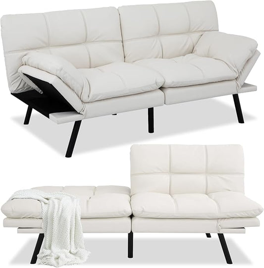 Opoiar Futon Sofa Bed Modern Memory Foam Sleeper Sofa Convertible Couch Adjustable Armrest&ampBackrest Black Leather Futon for Living SpaceApartmentOffice Sofabed