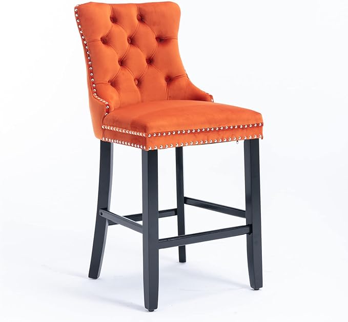 Modern Upholstered BarstoolsVelvet Bar ChairsSet of 2Wooden LegsLeisure Style Bar ChairsHigh Backrest ChairKitchen Island Chairs for CafesLiving RoomKitchenBarOrange