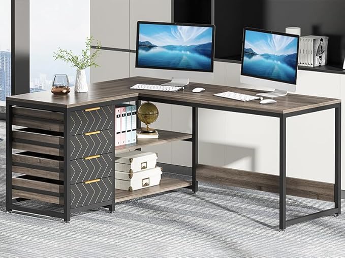 Tribesigns L Shaped Computer Desk with Storage Drawers 59 inch Corner Desk with Shelves Reversible L-Shaped Office Desk Writing Table Workstation for Home Office Grey