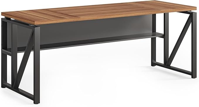 LITTLE TREE 63-Inch Executive Office Desk Large Computer Desk with Storage Shelf Executive Desk with Metal Frame Study Writing Desk Work Station for Home Office Brown + Black