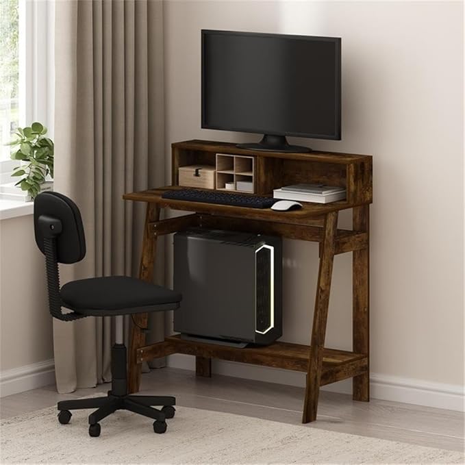 Pemberly Row A-Frame Computer Desk 31.6 x 17.9 x 35.5 in Amber Pine Particle Board Built-in Desk Hutch Contemporary Industrial Style Compact Study Desk for Home Office or Bedroom