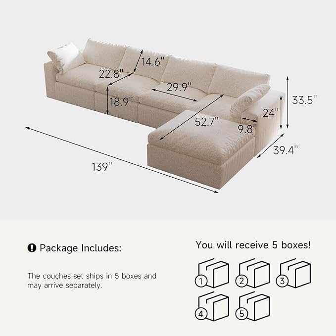 140’’ Oversized Boneless Couch for Living Room Cloud Couch Modular Sectional Free Combination with Ottoman Washable Cushion Cover No Assembly Required White (4-Seat + 1 Ottoman)