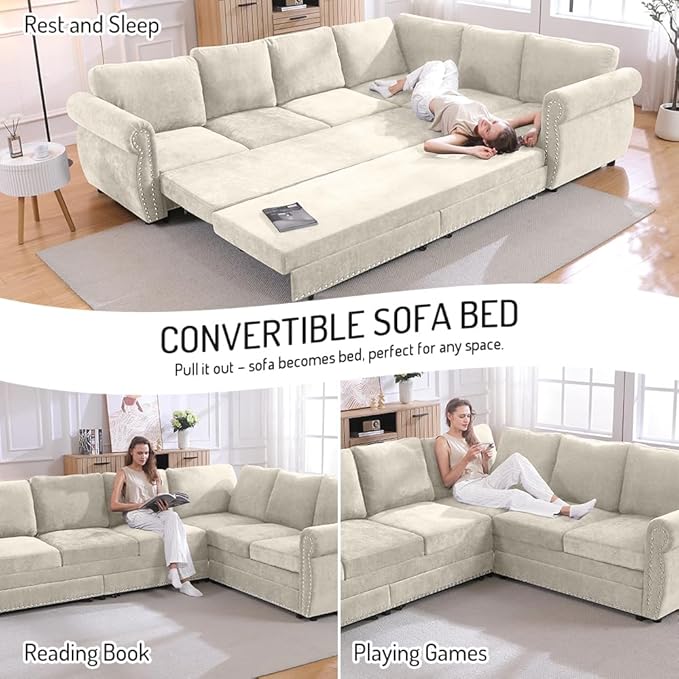 118'' Sleeper Sofa Bed with Pull Out Couch Bed Chenille L Shaped Sectional Sofa with Nailhead Trim &amp Rolled Arm 6 Seater Corner Sectional Couches for Living Room Furniture Beige
