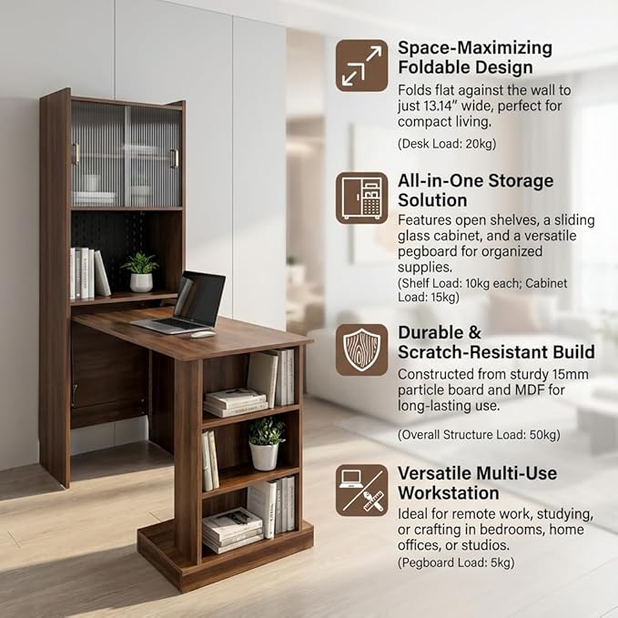 Hidden Desk Fold Out Desk with Storage - Craft Storage Cabinet &amp Fold Out Table for Home Office Bedroom Dorm Apartment | Anti-Tip Sliding Glass Doors Open Shelves &amp PegboardWalnut