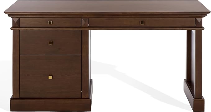 SAFAVIEH Couture Collection - Francesco Walnut Wood 4-Drawer Desk with Brass Accents Modern Writing Table with Storage (SFV4239A)