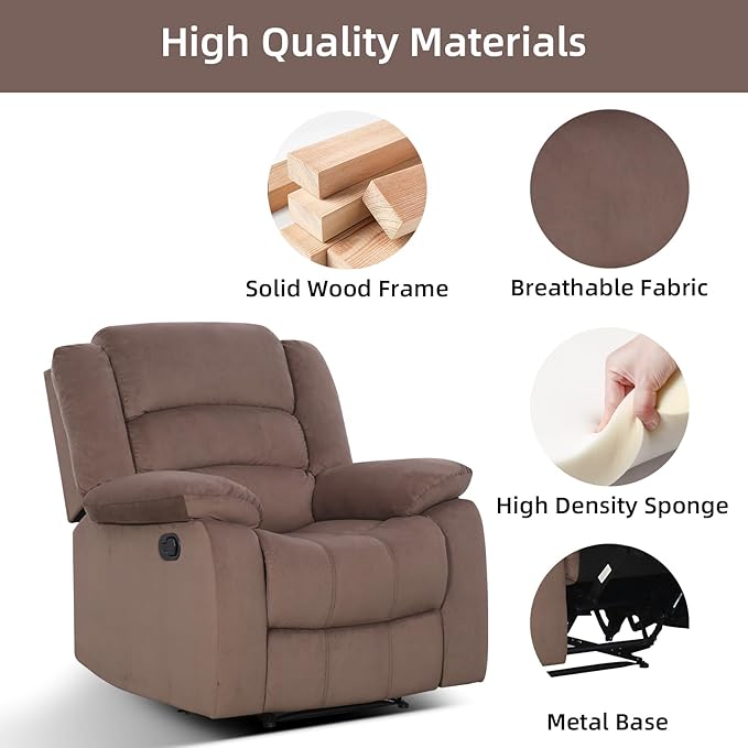 Manual Recliner Chair with Overstuffed Arm and Extra-Padded Back Breathable Fabric Reclining Chair for Adults Single Sofa for Living Room Bedroom (Brown)