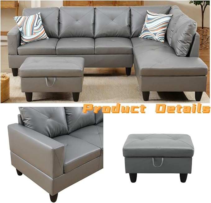 FONTOI L Shaped Sectional Couch with Otttoman 97 Leather Sectional Sofa for Living Room Modular Couches with Cup Holders for Bedroom Apartments Dark Grey