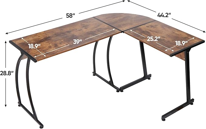 Modern L-Shaped Gaming DeskHome Office Desk with Round Corner Computer DeskStudy Writing PC Laptop Workstation with Solid Steel Frame Desktop Brown