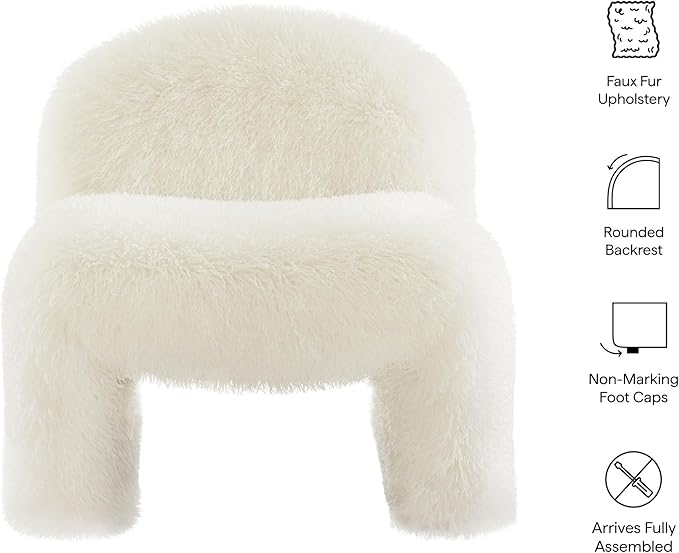 Modway Mina Faux Fur Accent Chair in White -Furry Slipper Lounge Chair for Bedroom Or Living Room