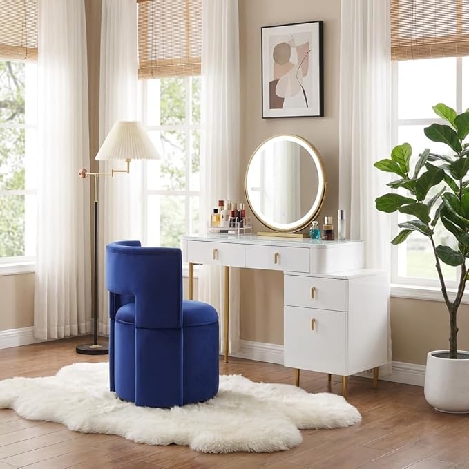 Vanity Chair with Storage Velvet Button Tufed Upholstered Vanity Chair with Gold Metal Swivel Base Hollow Back (Blue)